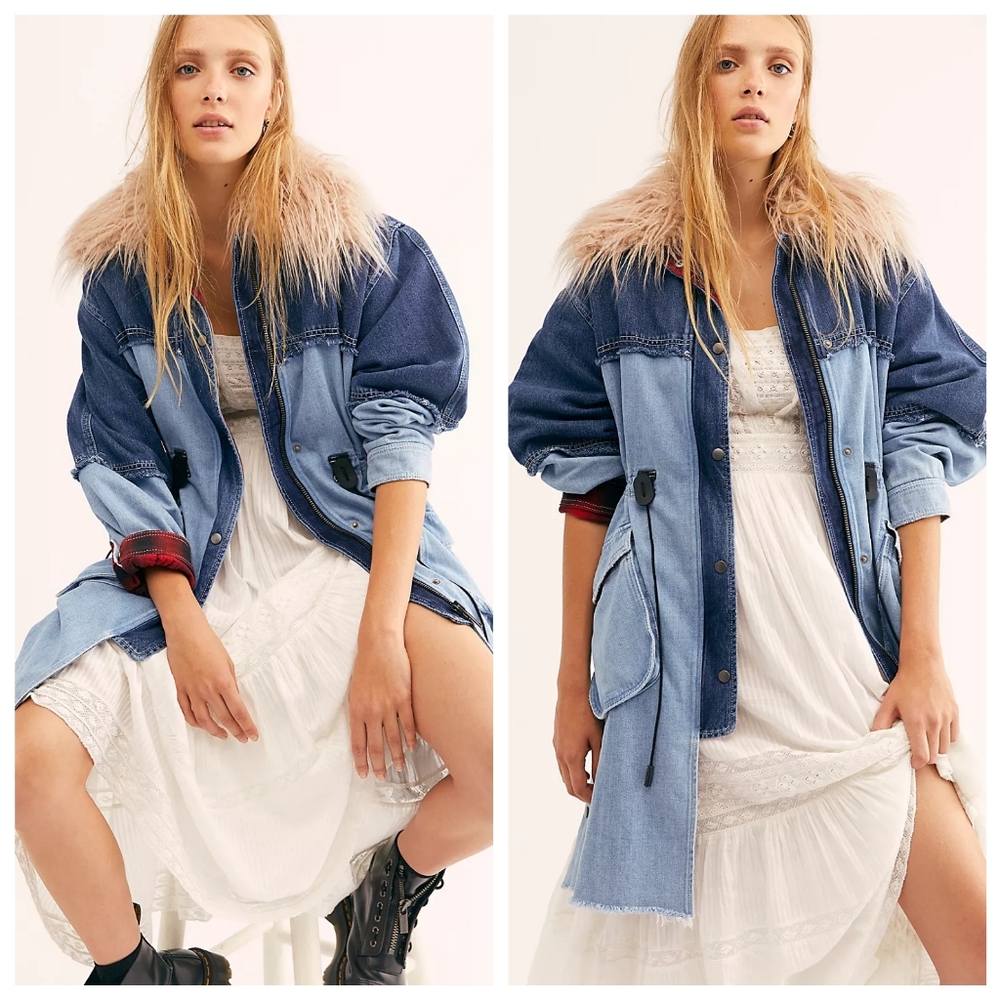 NEW Free People Days to Come Denim Parka Coat Jacket Faux Fur Collar Large $348